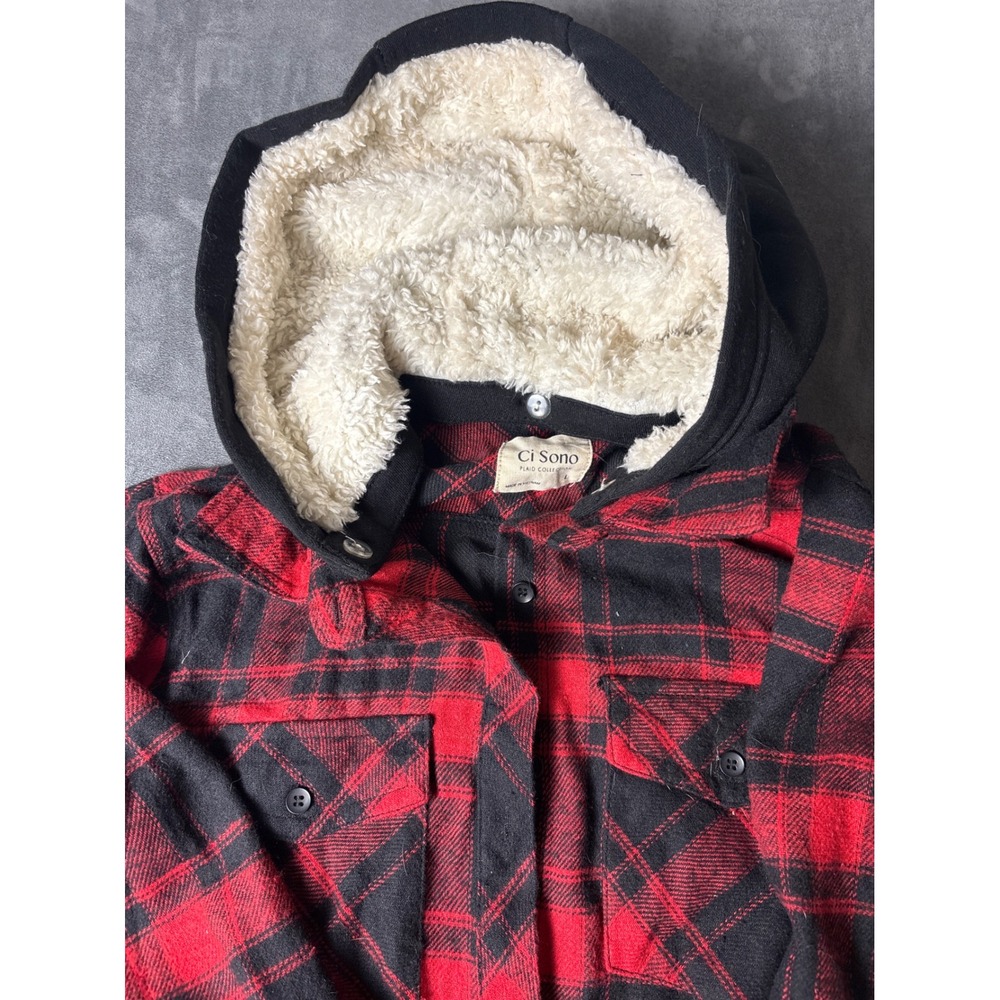 Gorpcore Plaid Red Black Hooded Faux Sherpa PTP47 L